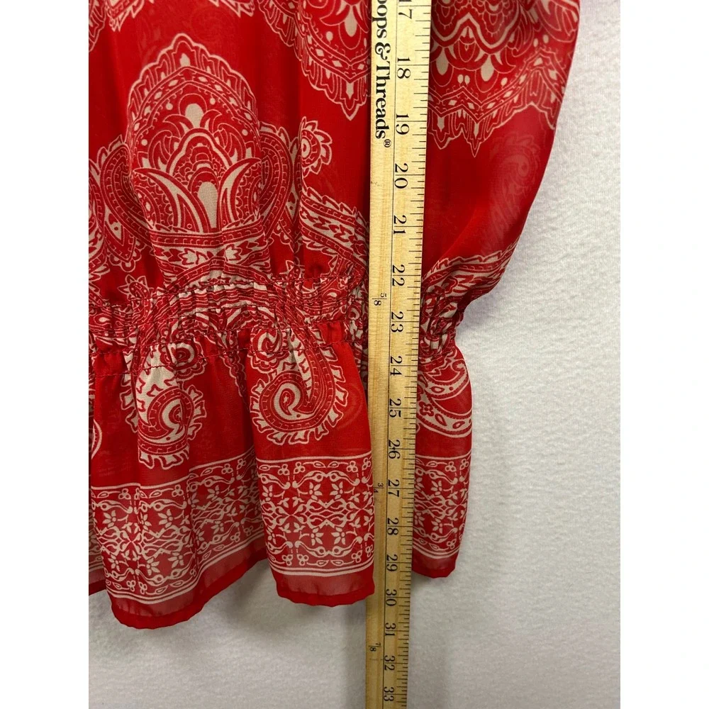 Chico's Boho Paisley Peplum Women L Red Kimono Sleeve V-Neck Chiffon Blouse